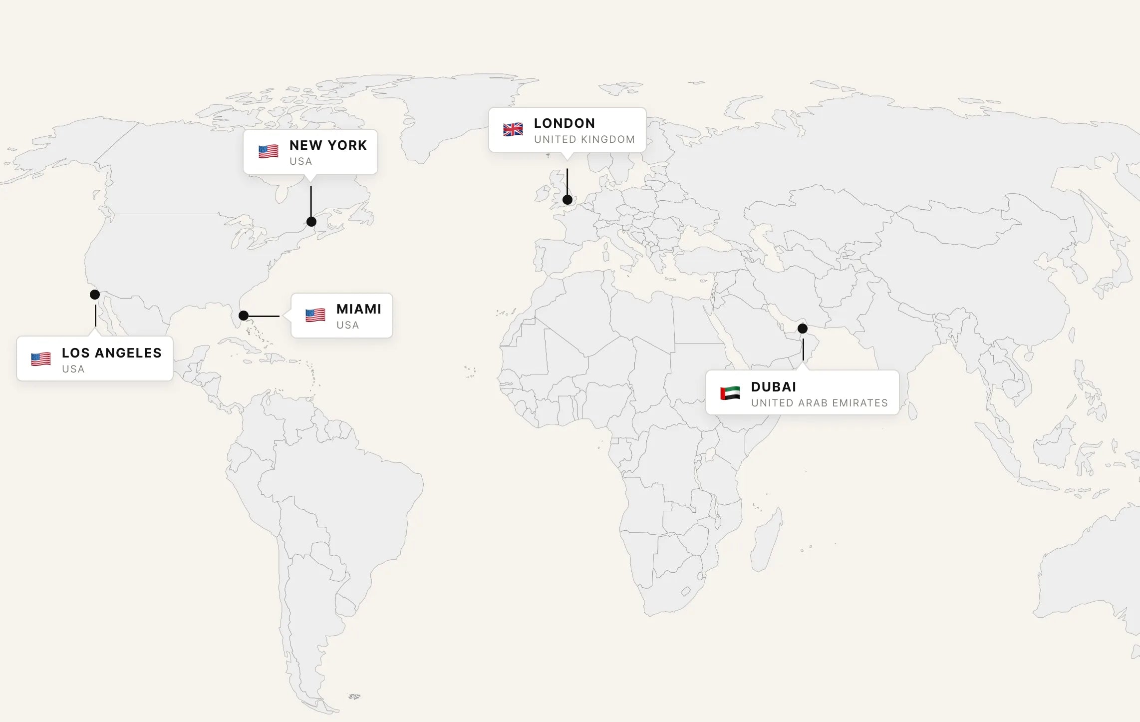World map showing creator locations: Los Angeles, New York, Miami, London, Dubai